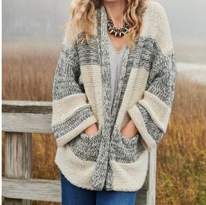 Tommy Bahama~Indigo Ink~Womens Chunky Cardigan~Wool~Tan Grey Shawl~Size Small